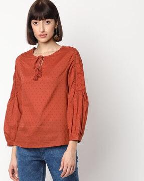 dobby woven top with bishop sleeves