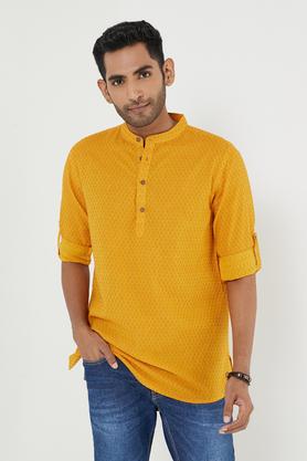 dobby cotton collared men's festive wear kurta - mustard