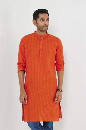 dobby cotton collared men's festive wear kurta - rust