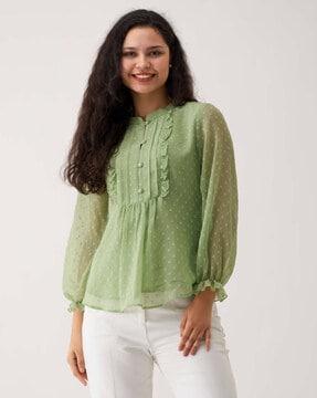 dobby pattern top with puff sleeves