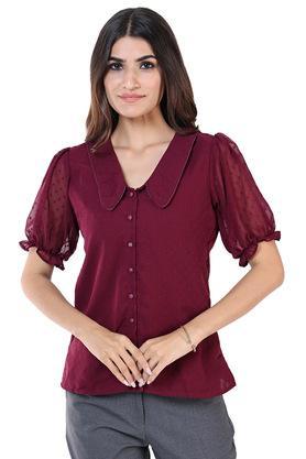 dobby polyester v neck women's formal shirt - maroon