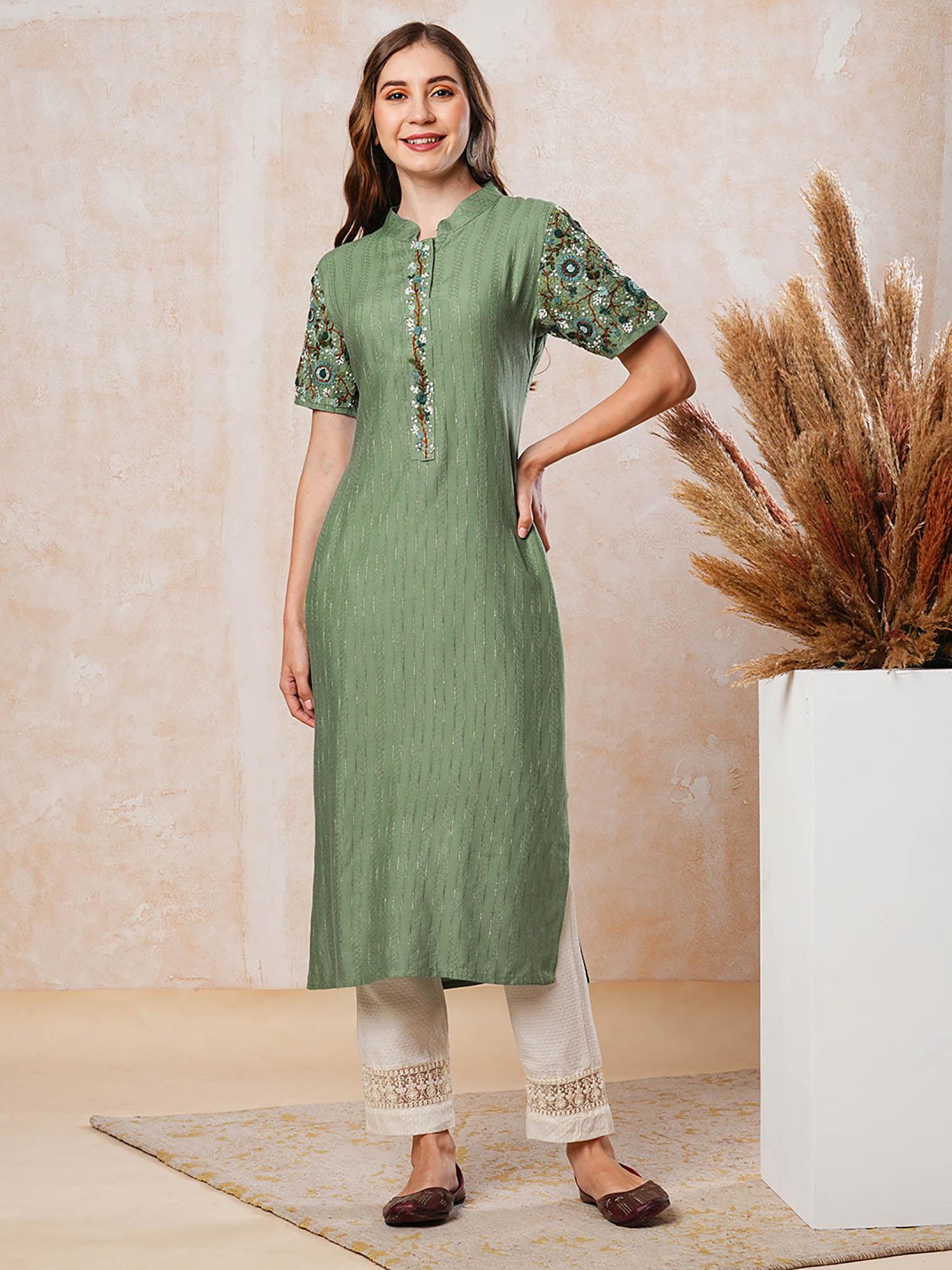 dobby striped & sequins embroidered kurta- green