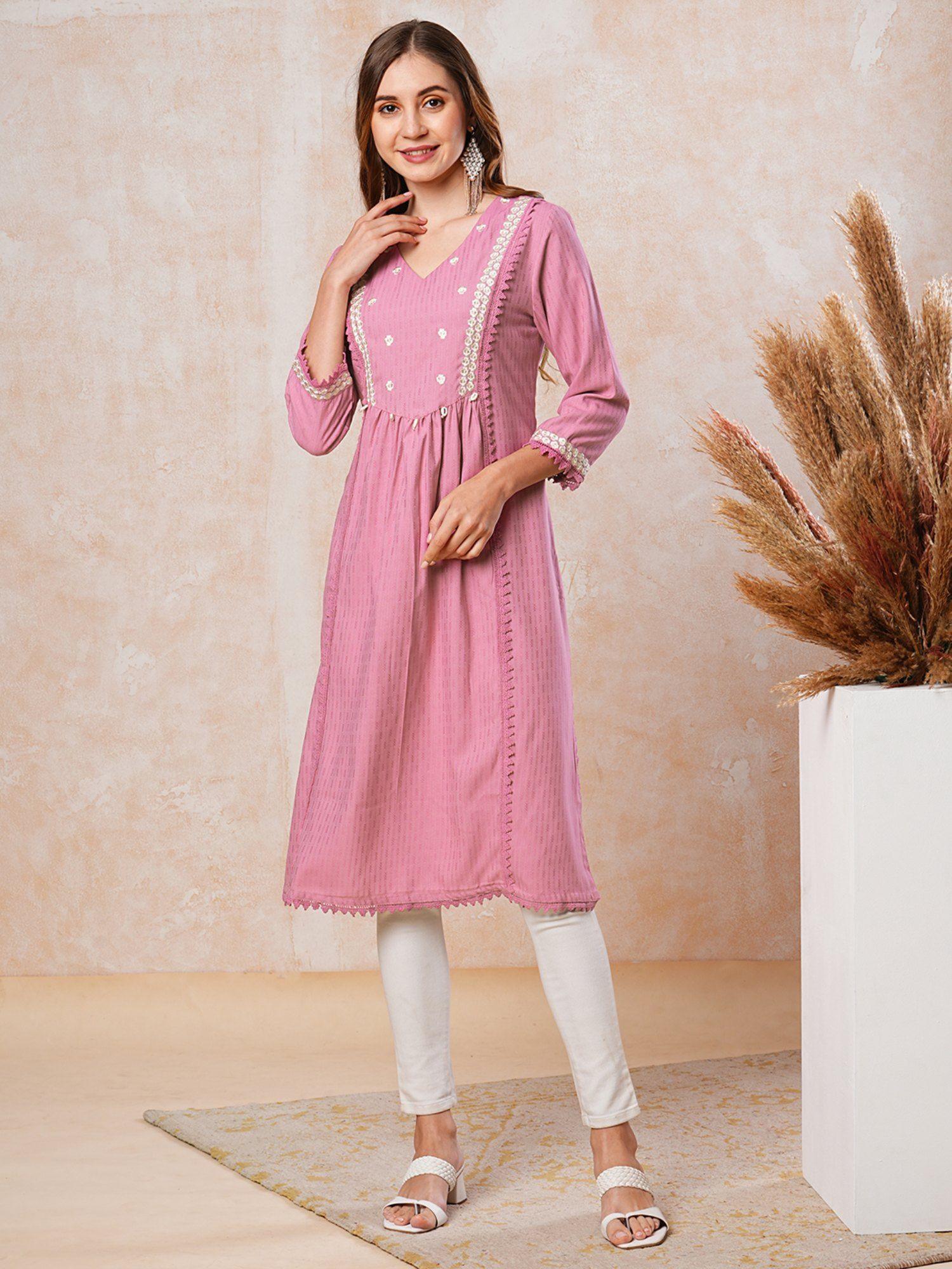 dobby striped resham embroidered kurta - pink