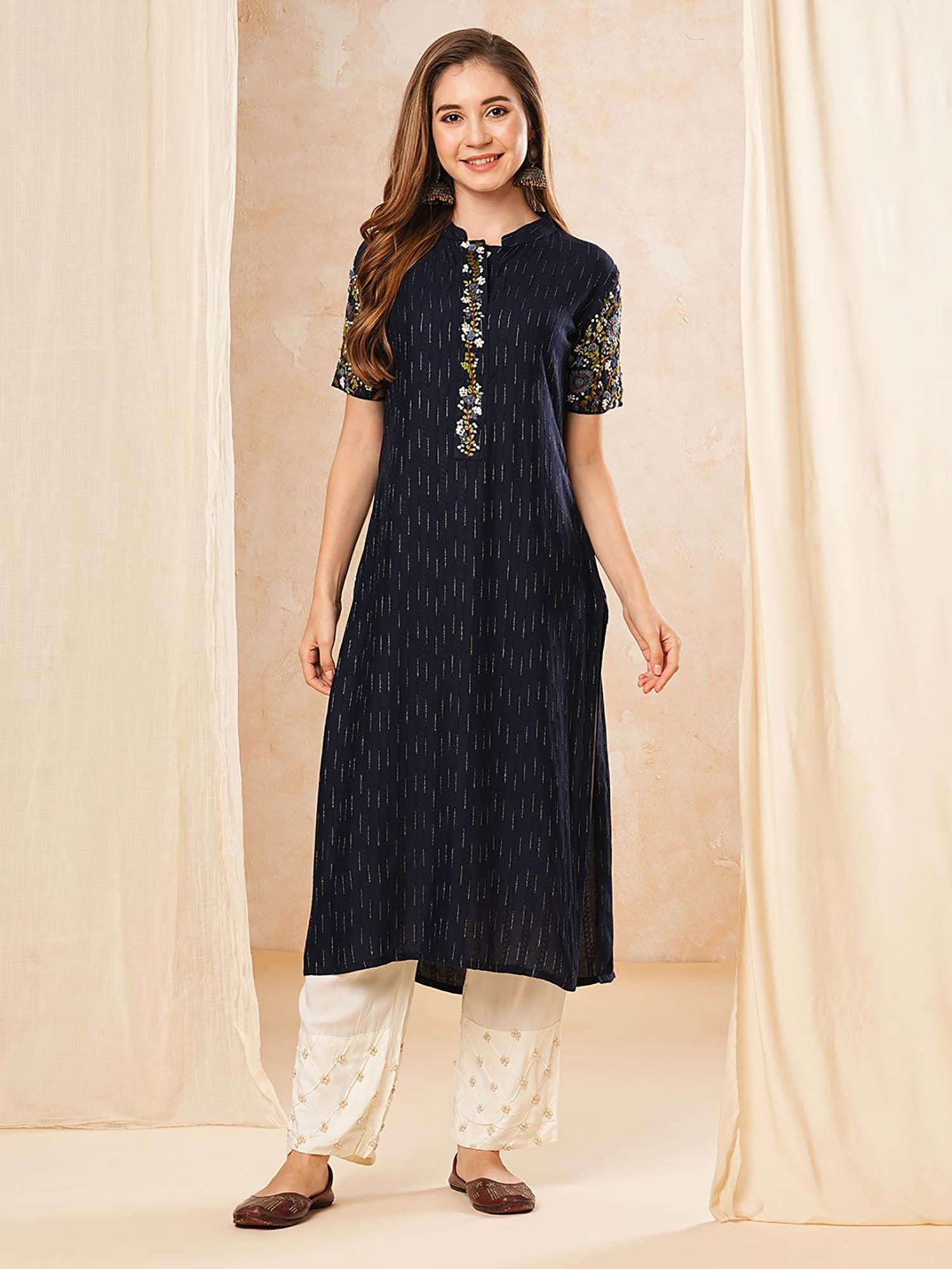 dobby striped resham embroidered kurta- navy blue