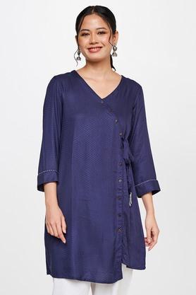 dobby v neck flared fit women's tunic - indigo