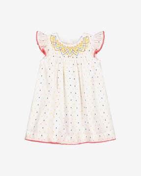 dobby-woven shift dress with smocked neckline