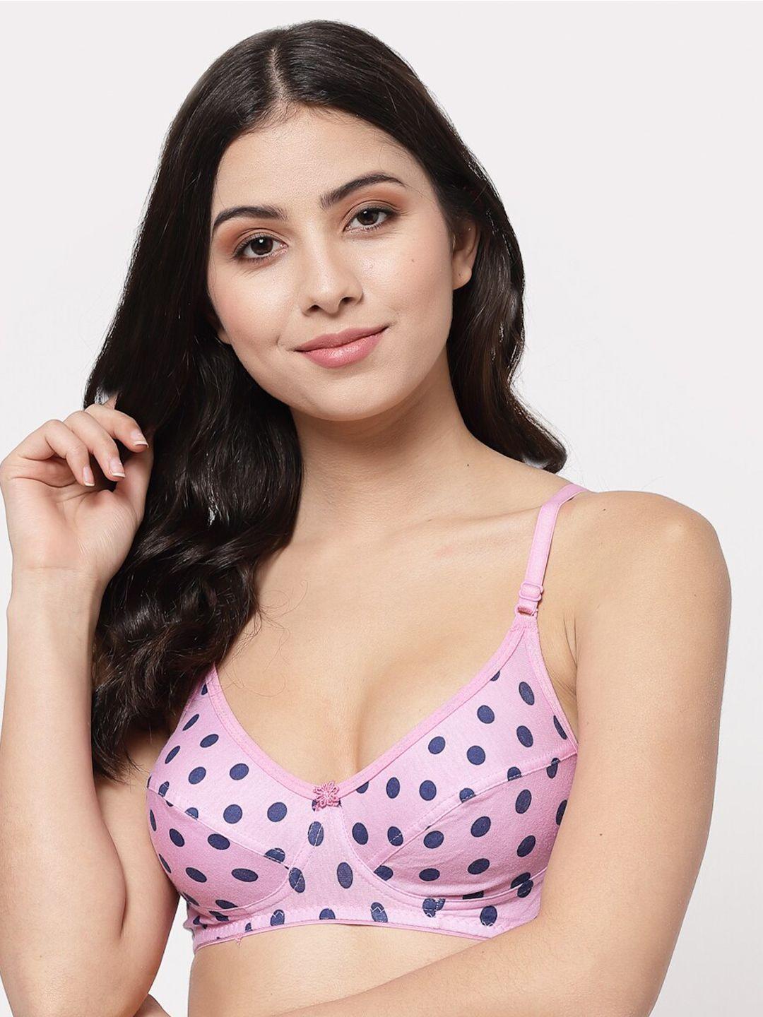 docare women pink & blue polka dots printed cotton non padded seamed everyday bra