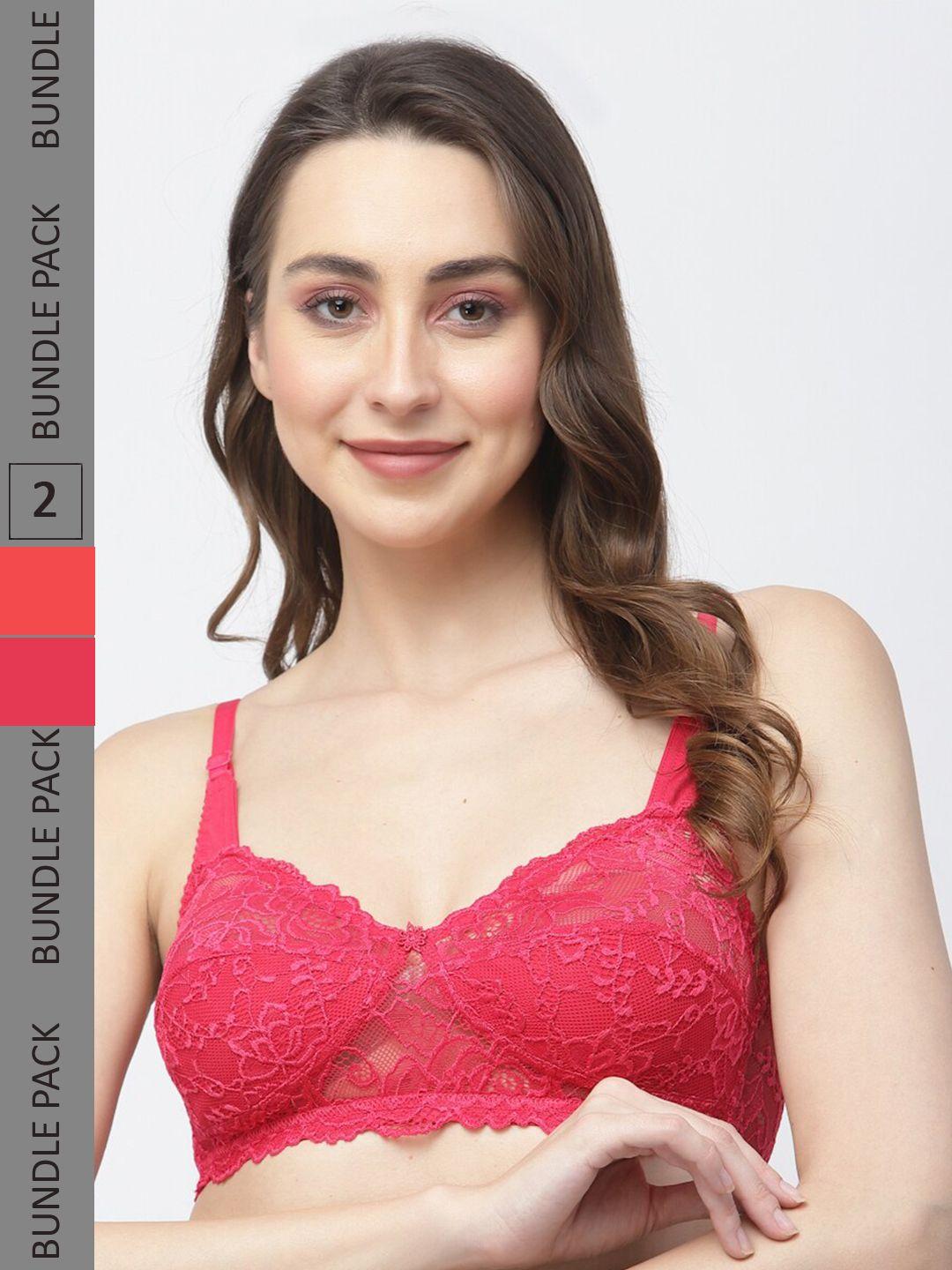 docare pack of 2 non-padded non wired lace half coverage cotton bralette bra