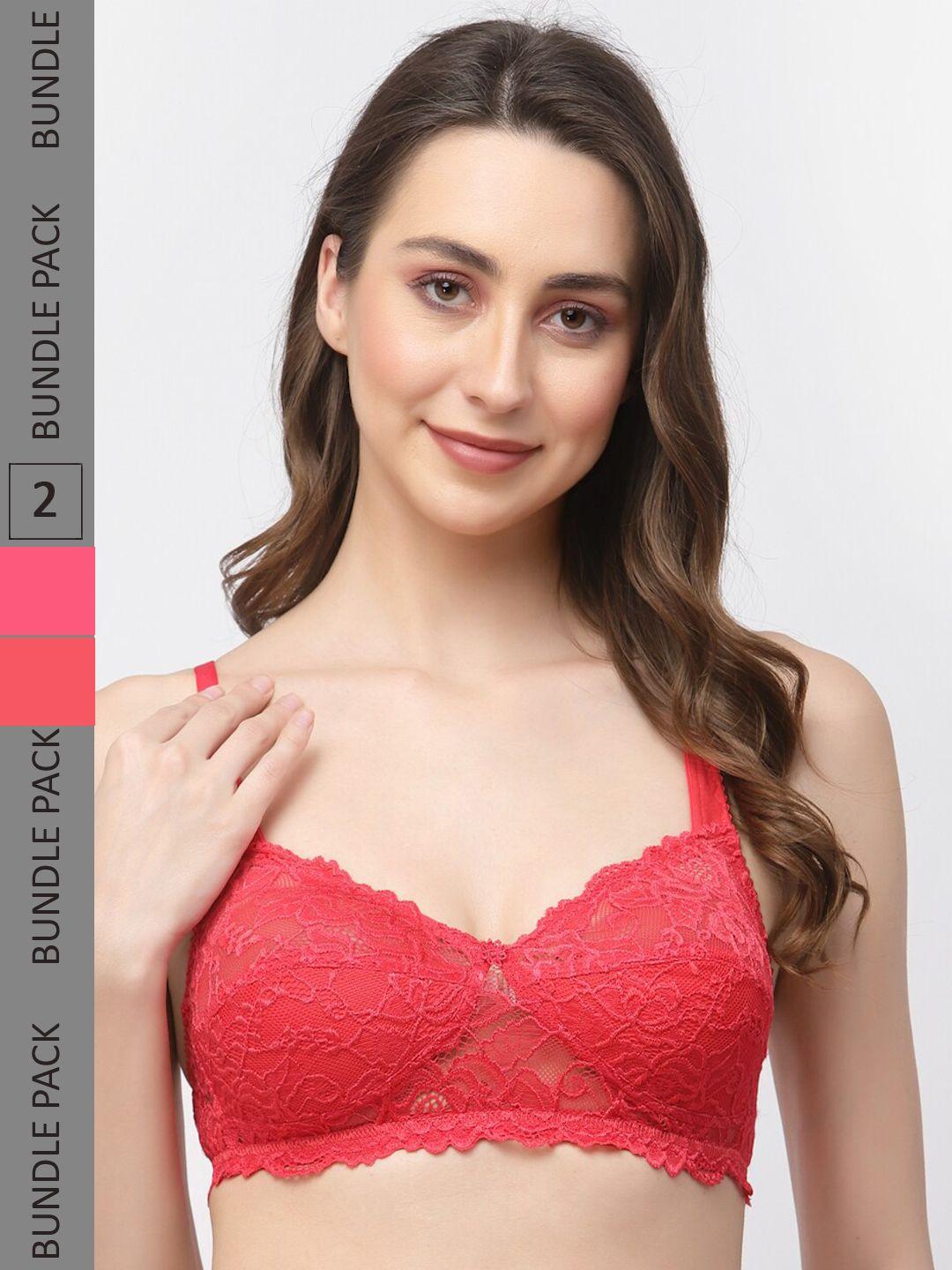 docare pack of 2 non-padded non wired lace half coverage cotton bralette bra