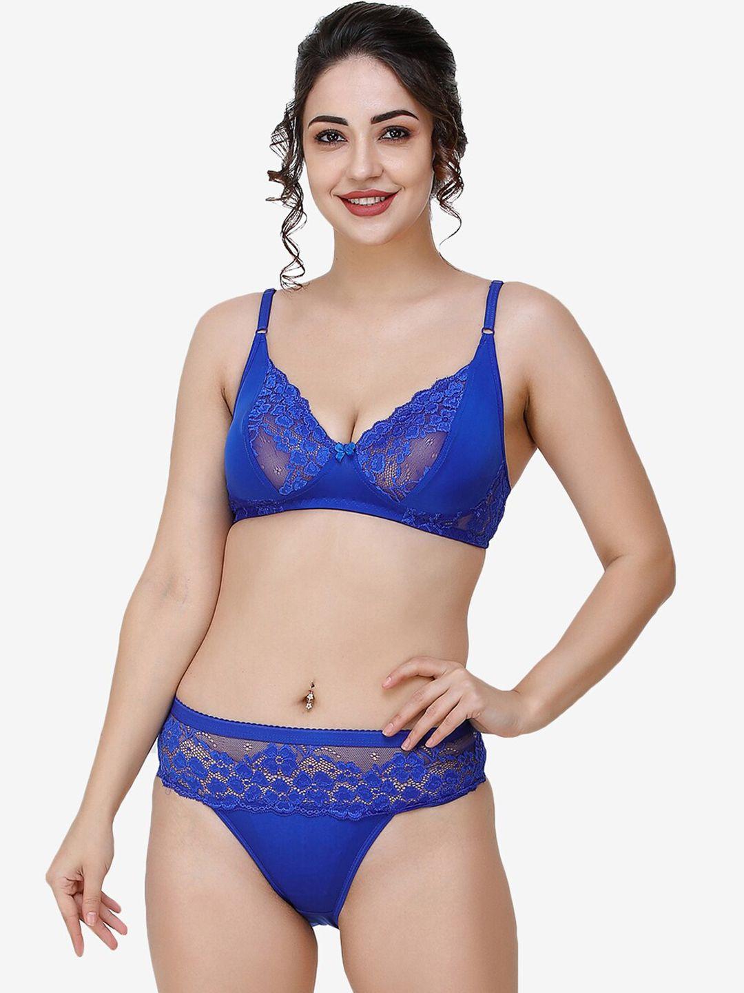 docare women blue self-design lace cotton lingerie set