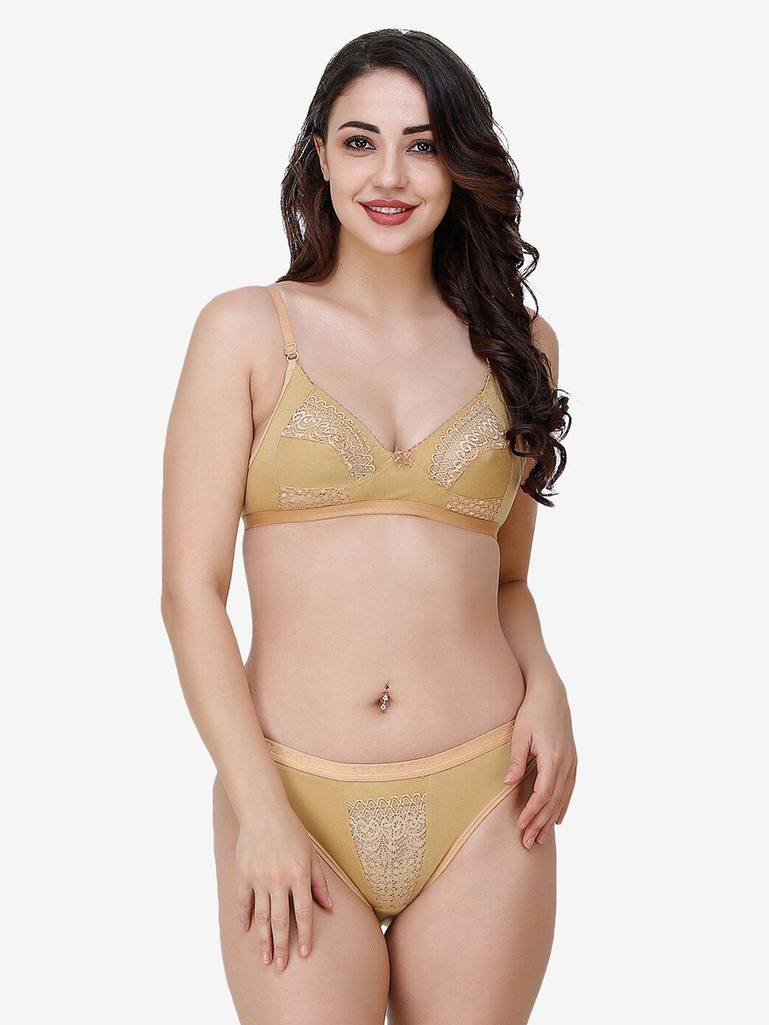 docare women gold-coloured self-design non padded cotton lingerie set