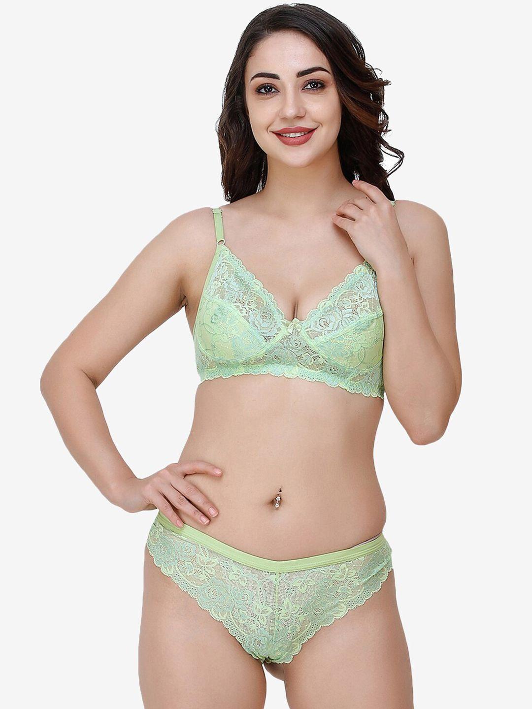 docare women green self-design lace cotton lingerie set