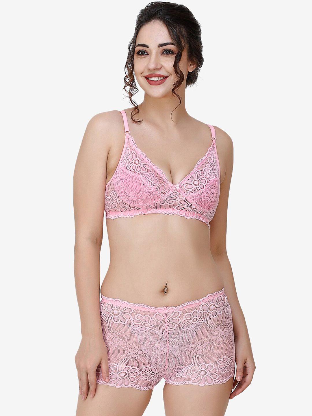docare women pink self-design lace cotton lingerie set