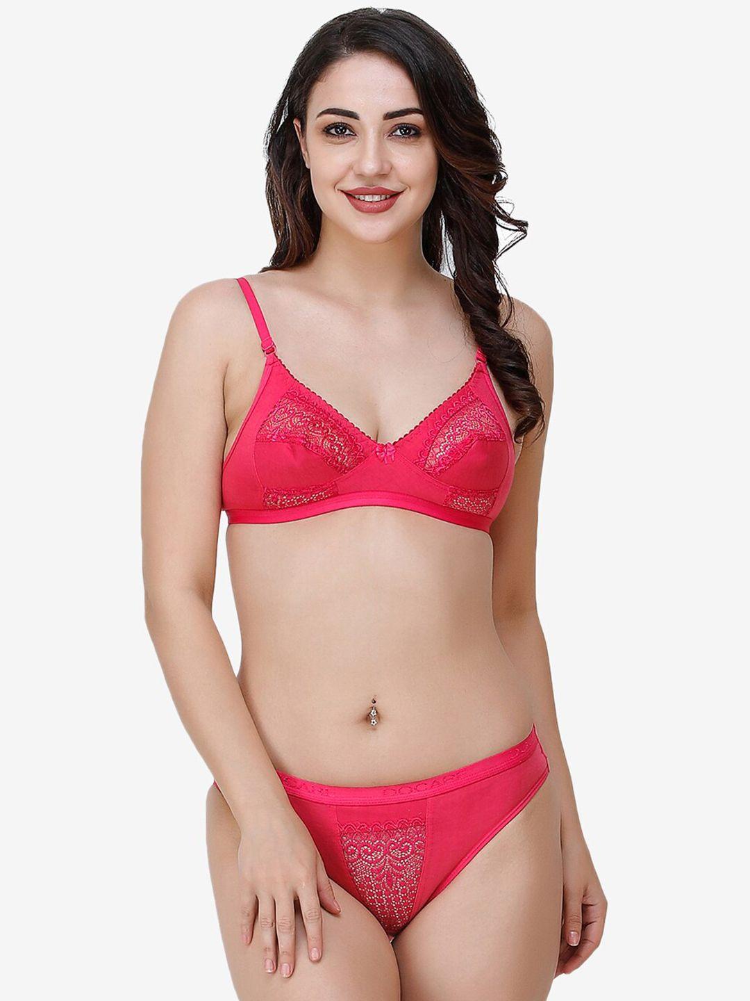 docare women pink self design lace cotton lingerie set