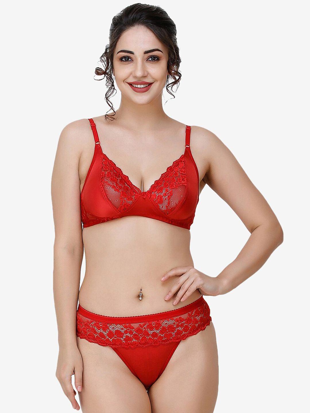 docare women red self-design non padded cotton lingerie set