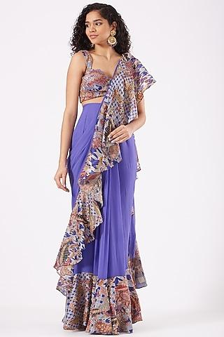 dodger blue indian organza printed & embroidered ruffled saree set