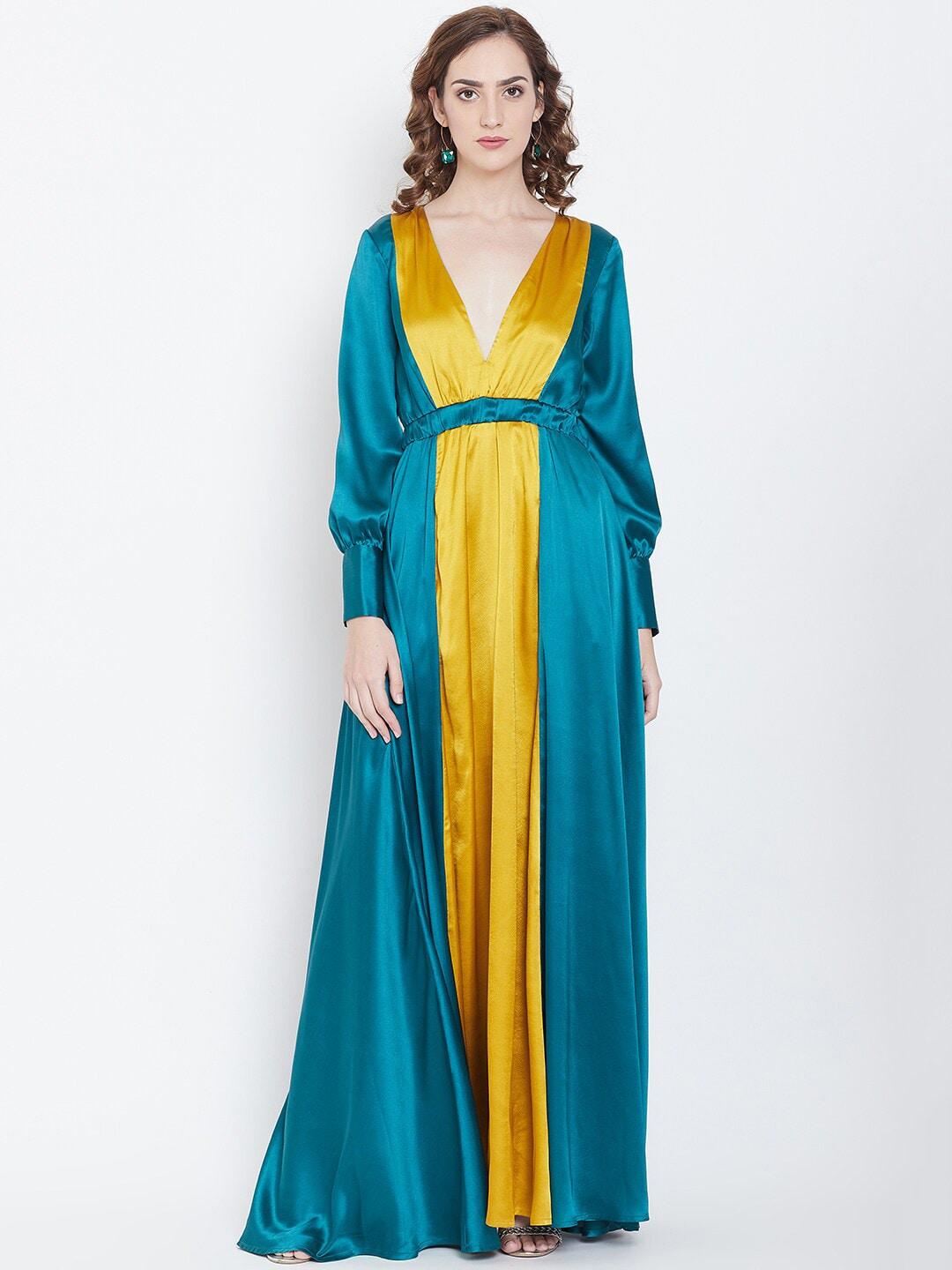 dodo & moa colourblocked belted bishop sleeves maxi dress