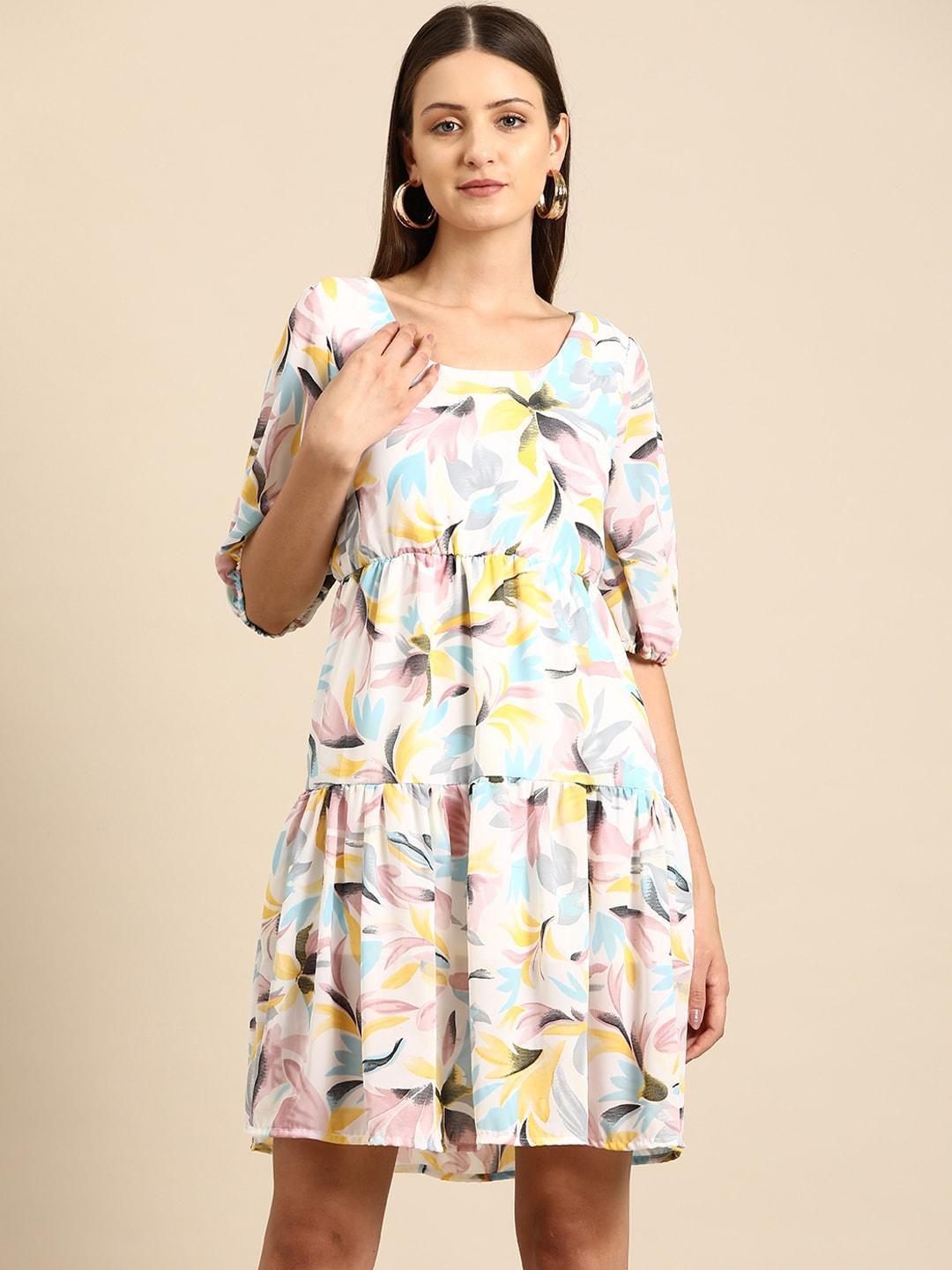 dodo & moa floral print puff sleeve crepe fit & flare dress