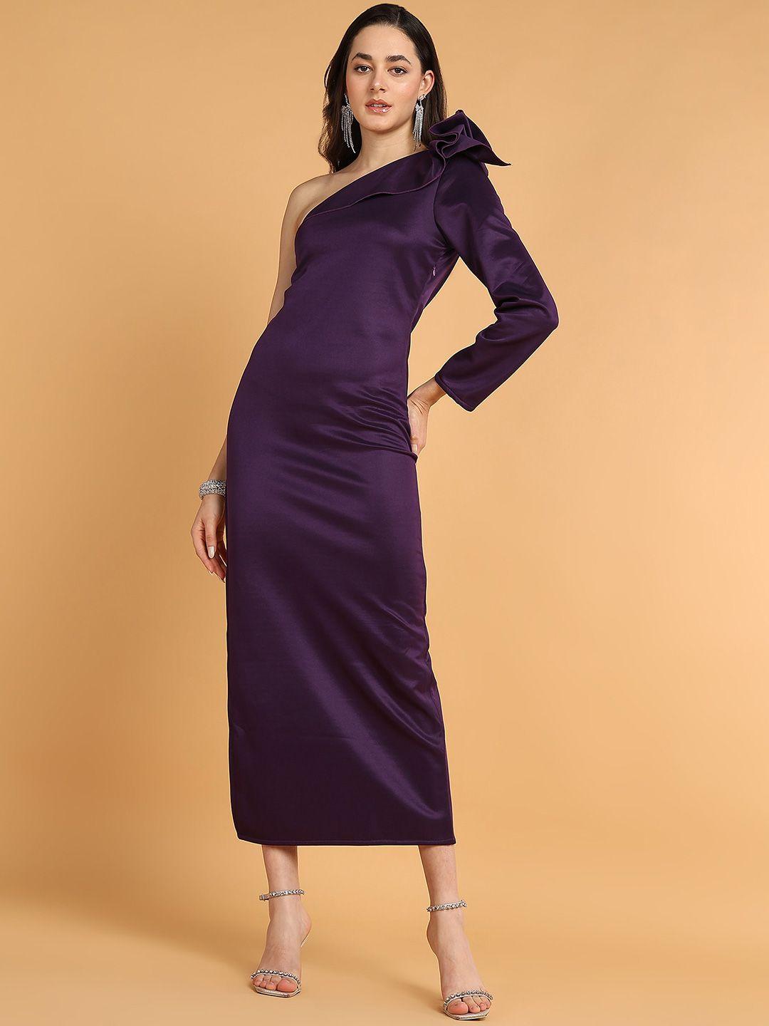 dodo & moa purple one shoulder ruffled sheath midi dress