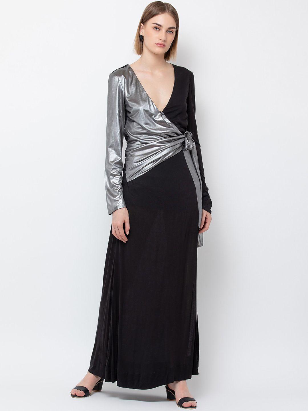 dodo & moa women black & silver-toned colourblocked v-neck maxi dress