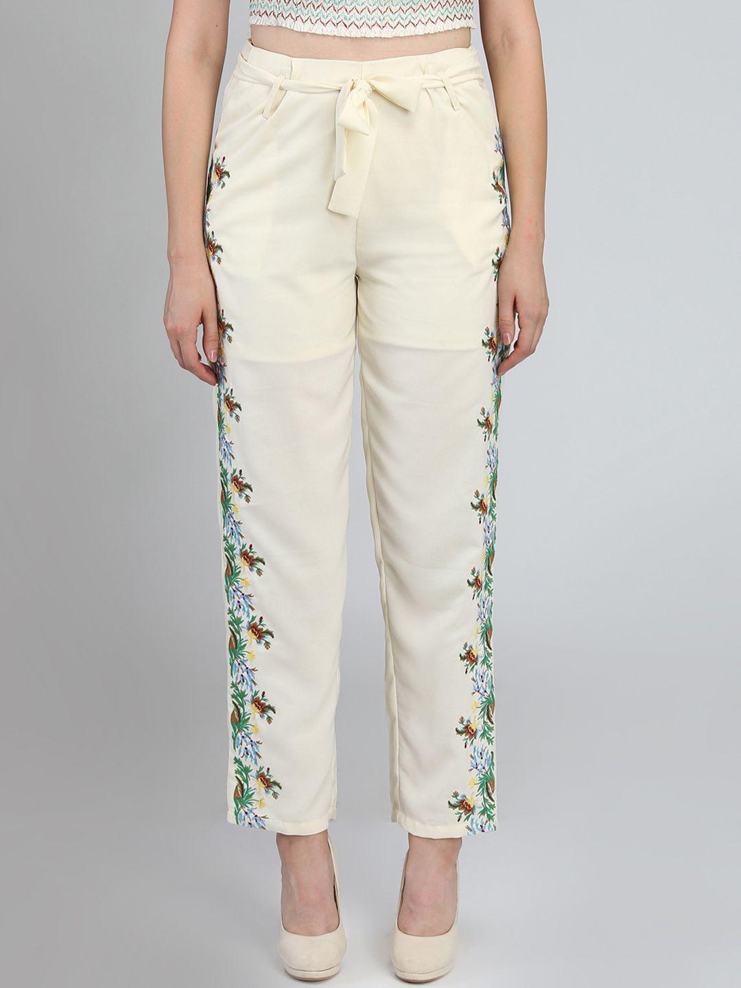 dodo & moa women cream-coloured straight fit printed regular trousers