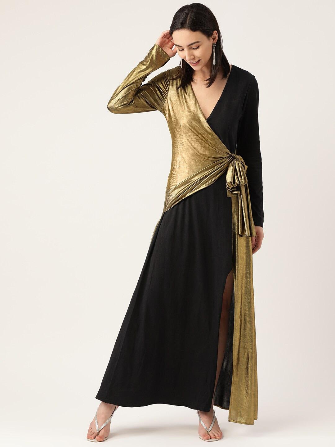 dodo-&-moa-women-gold-&-black-solid-wrap-dress