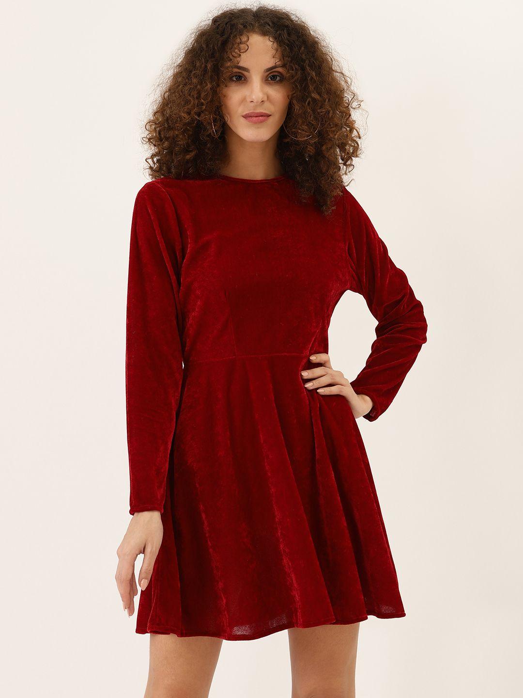 dodo & moa women maroon velvet finish solid fit and flare dress