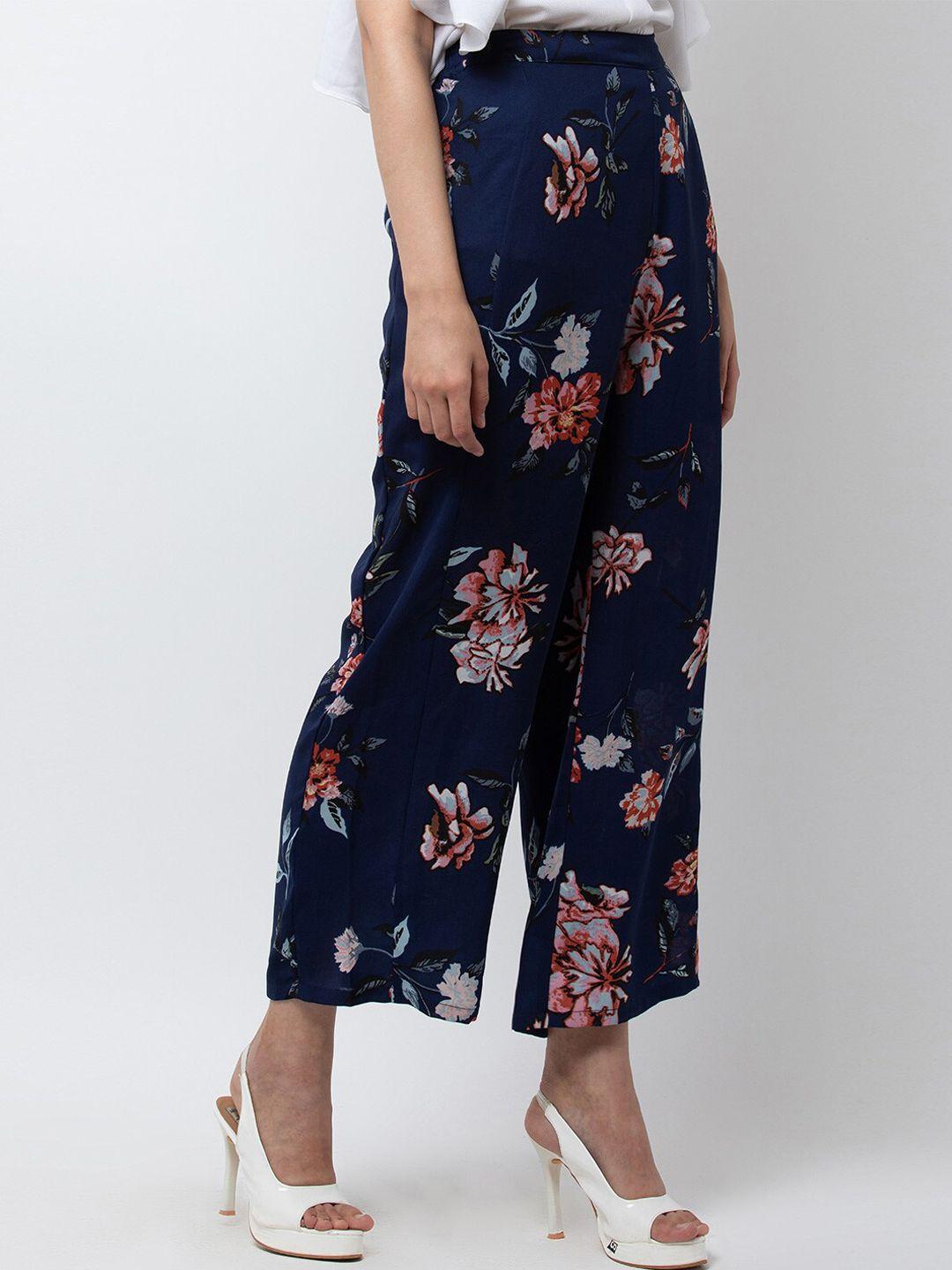 dodo & moa women navy blue floral printed regular trousers