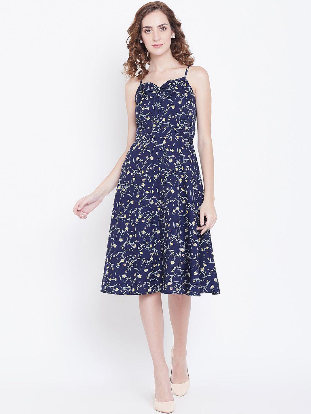 dodo & moa women navy blue printed fit and flare dress