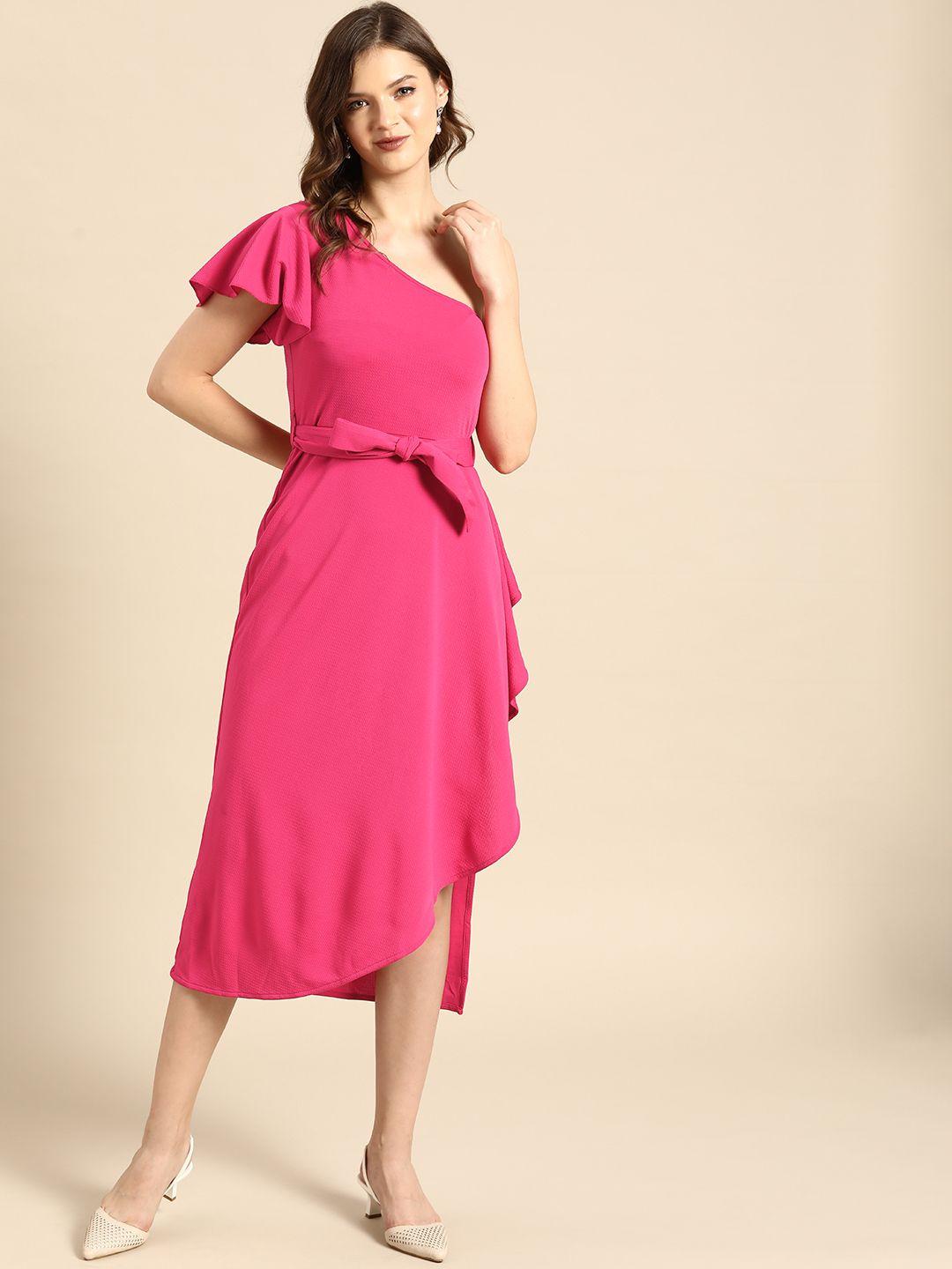 dodo & moa women pink solid one shoulder midi fit and flare dress with belt