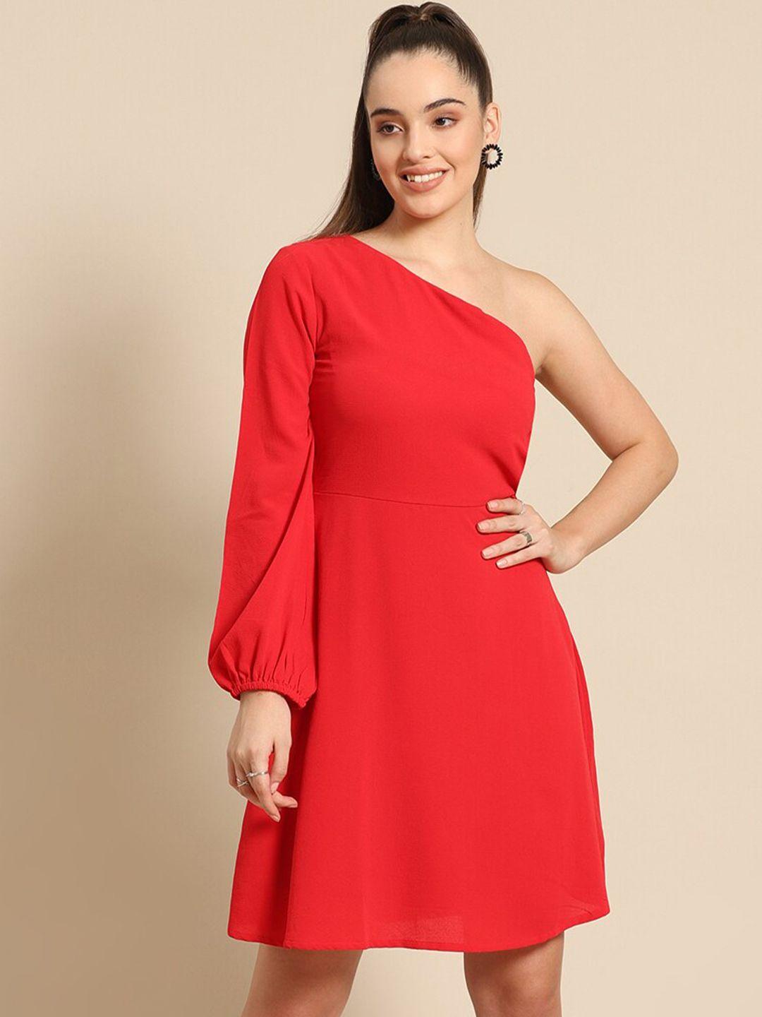 dodo & moa women red solid one shoulder a-line dress