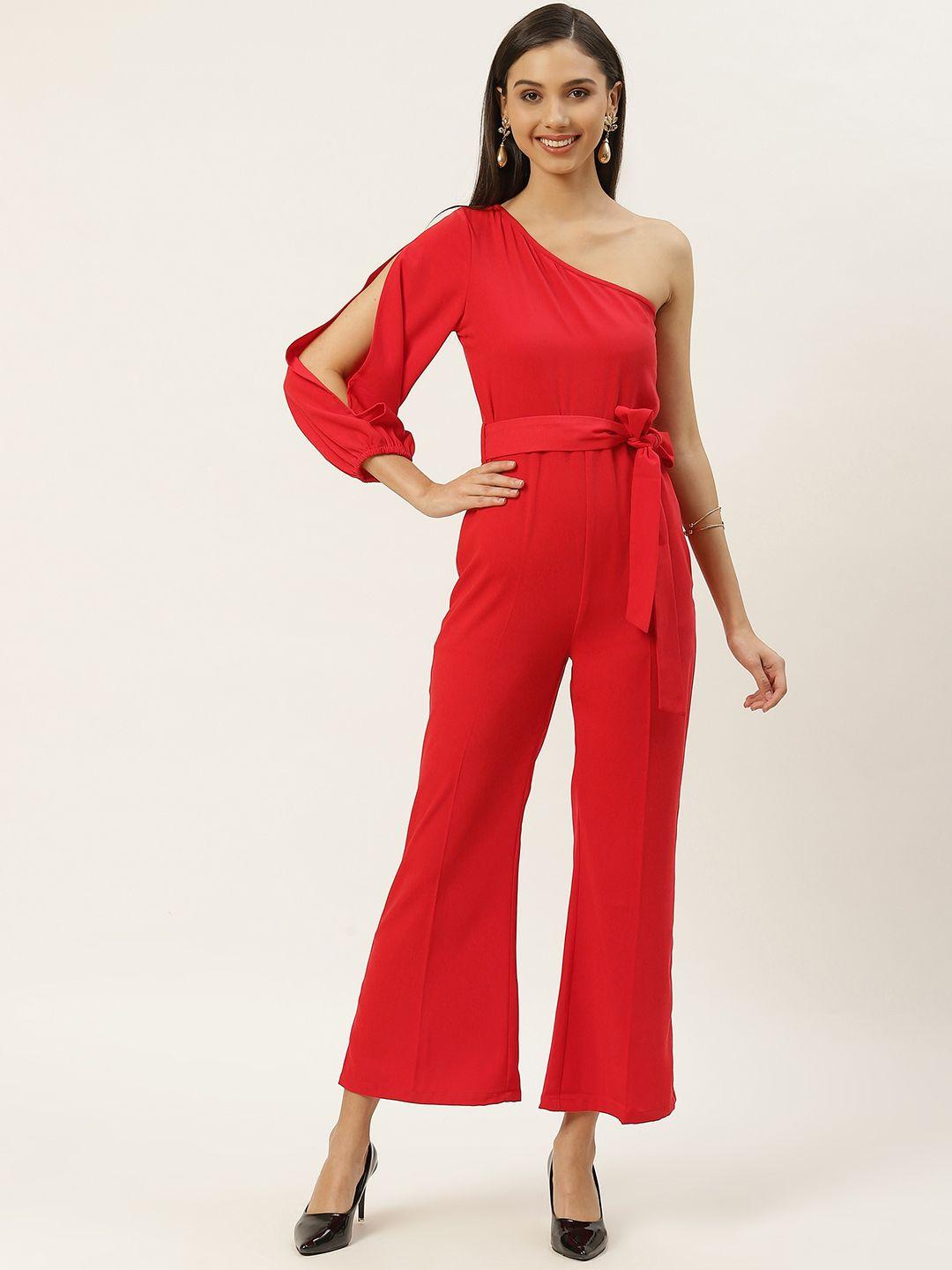 dodo & moa women red solid one shoulder basic jumpsuit