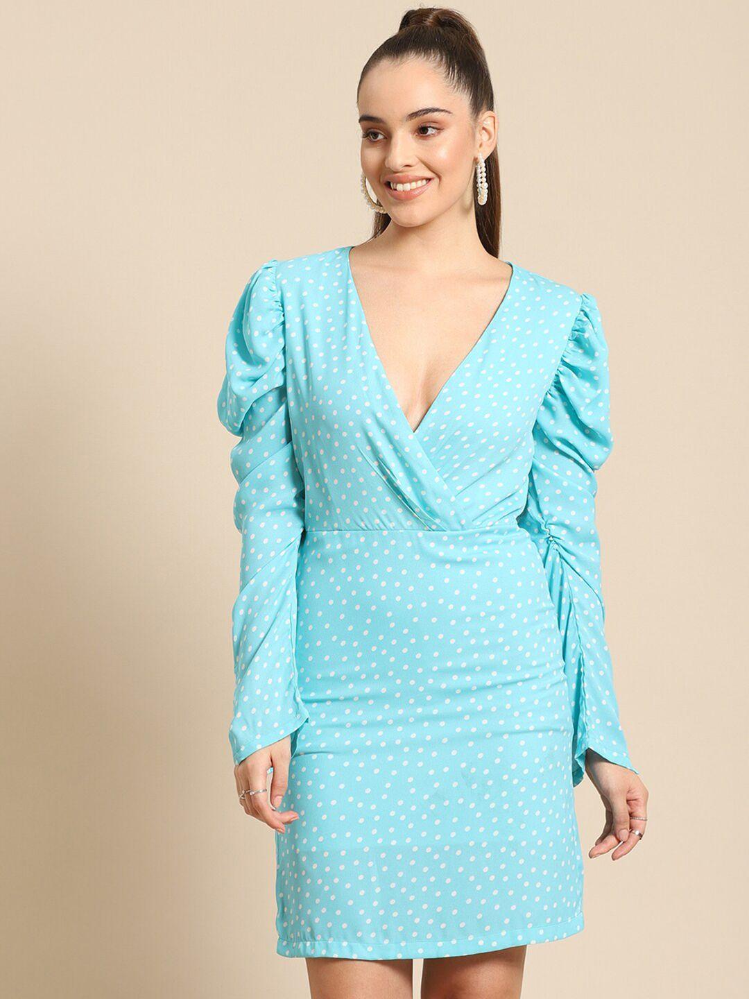 dodo & moa women turquoise blue & white polka dots printed wrap dress