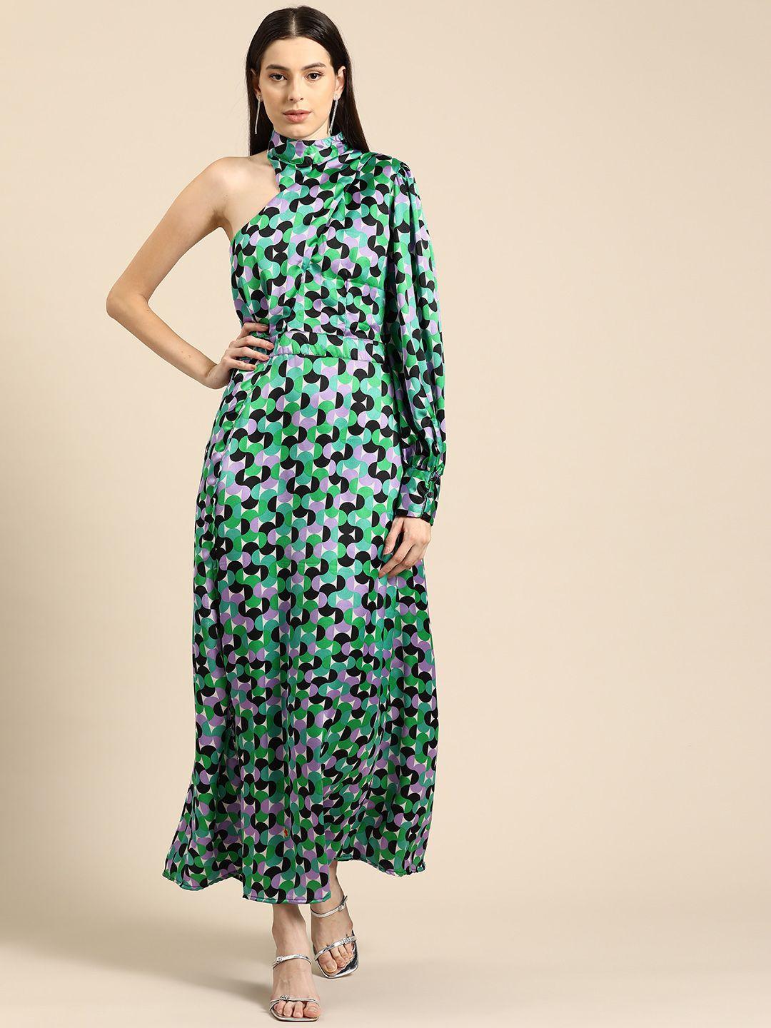 dodo & moa abstract print puff sleeve satin maxi dress