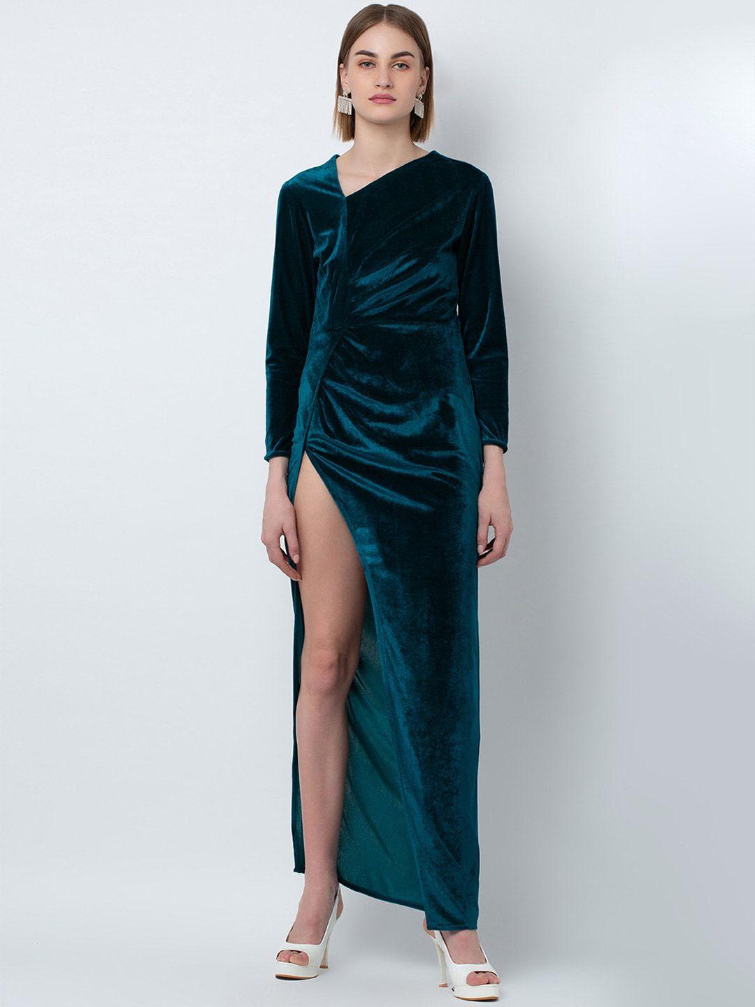 dodo & moa asymmetric neck velvet sheath maxi dress