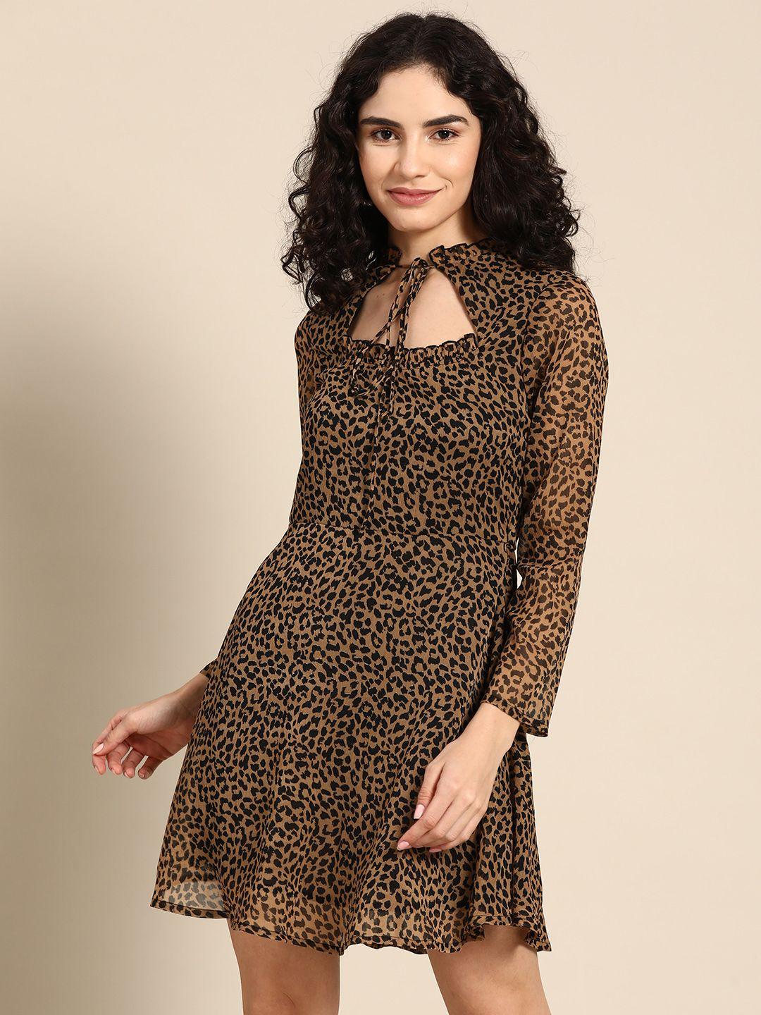 dodo & moa black & mustard yellow animal tie-up neck a-line dress