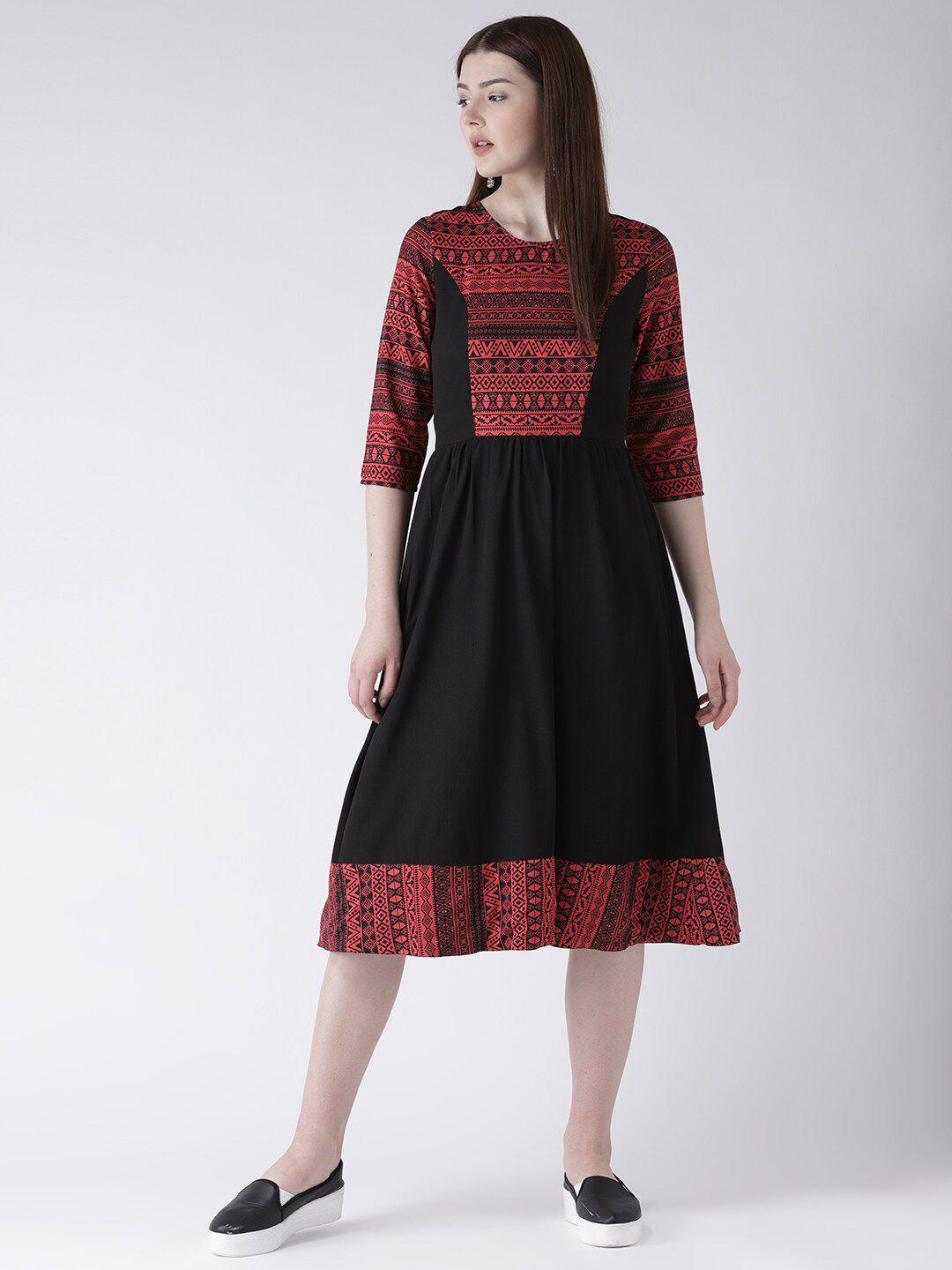 dodo & moa black & red ethnic motifs a-line midi dress