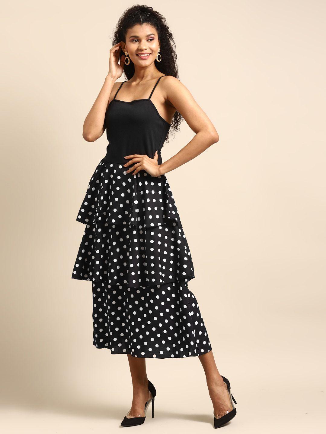 dodo & moa black polka dot print layered crepe fit & flare midi dress