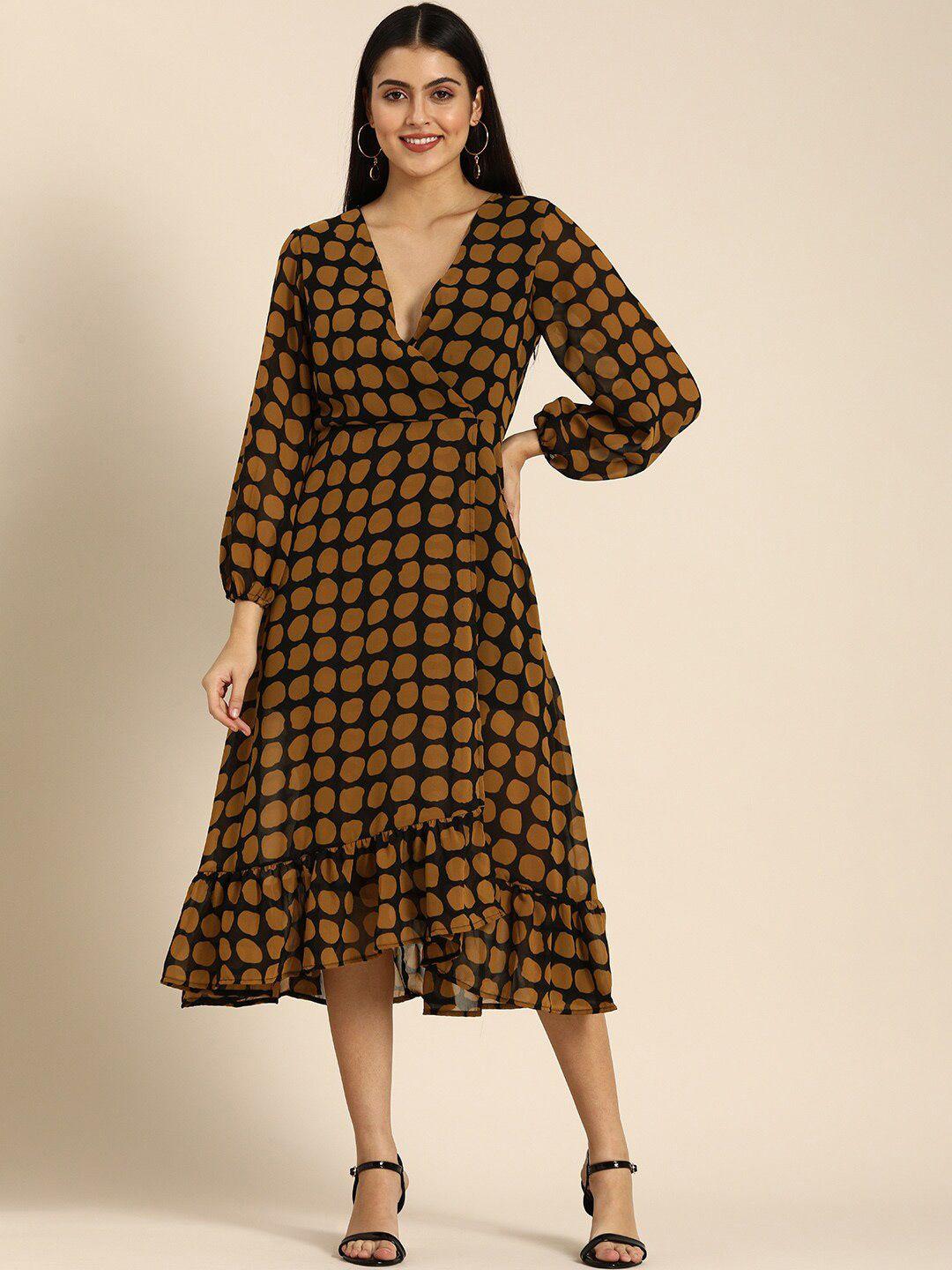 dodo & moa black polka dots printed puff sleeve georgette midi dress