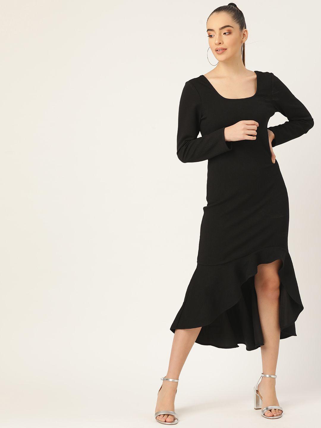 dodo & moa black solid asymmetric scuba a-line midi dress