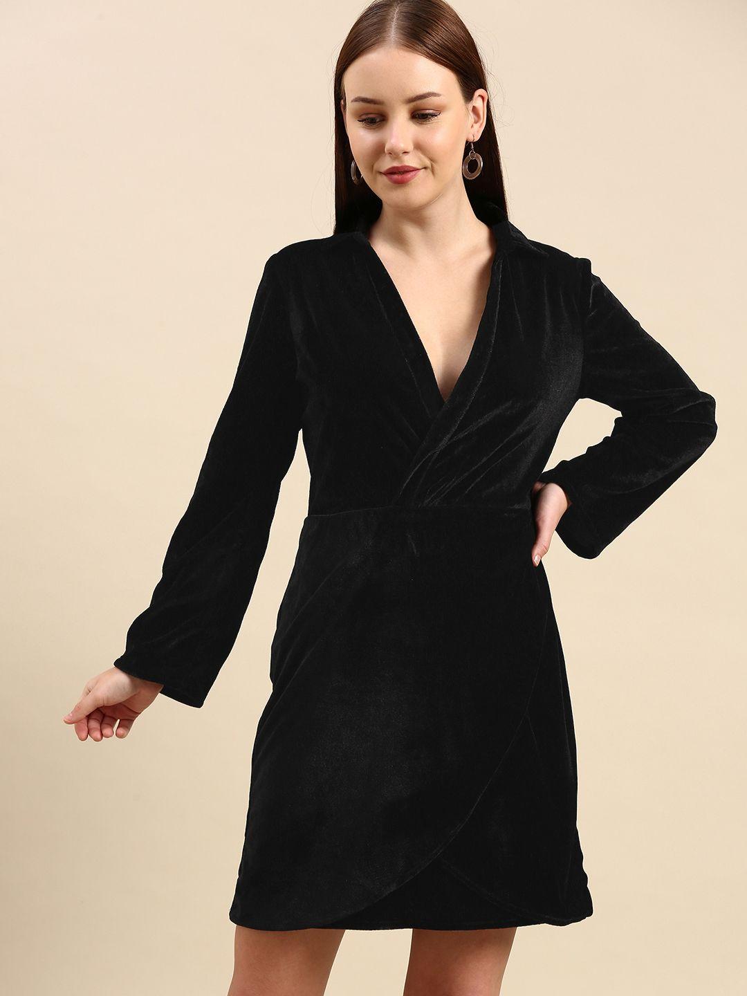 dodo & moa black solid velvet finish mini wrap dress