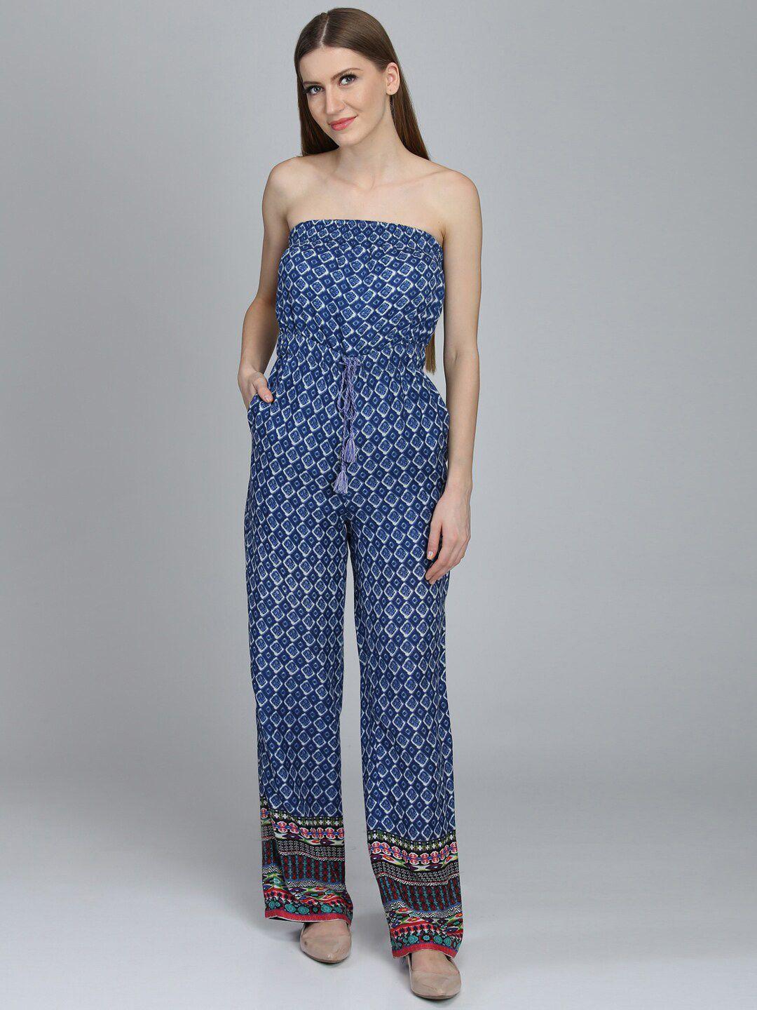 dodo & moa blue & white off-shoulder printed basic jumpsuit