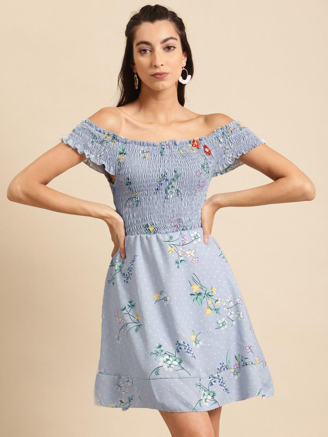 dodo & moa blue floral off-shoulder crepe dress