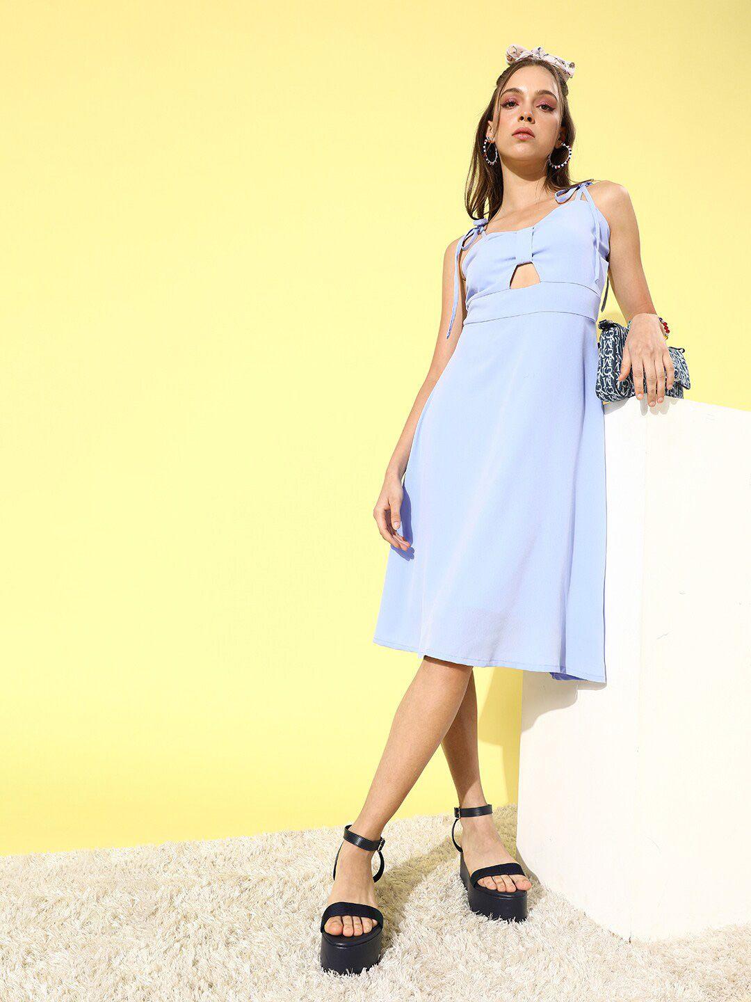 dodo & moa blue solid crepe fit & flare dress