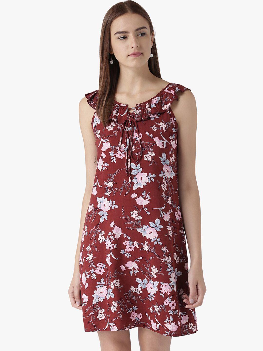 dodo & moa brown floral printed a-line dress with ruffles