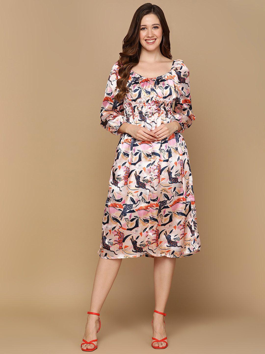 dodo & moa cream-coloured & navy blue printed a-line midi dress