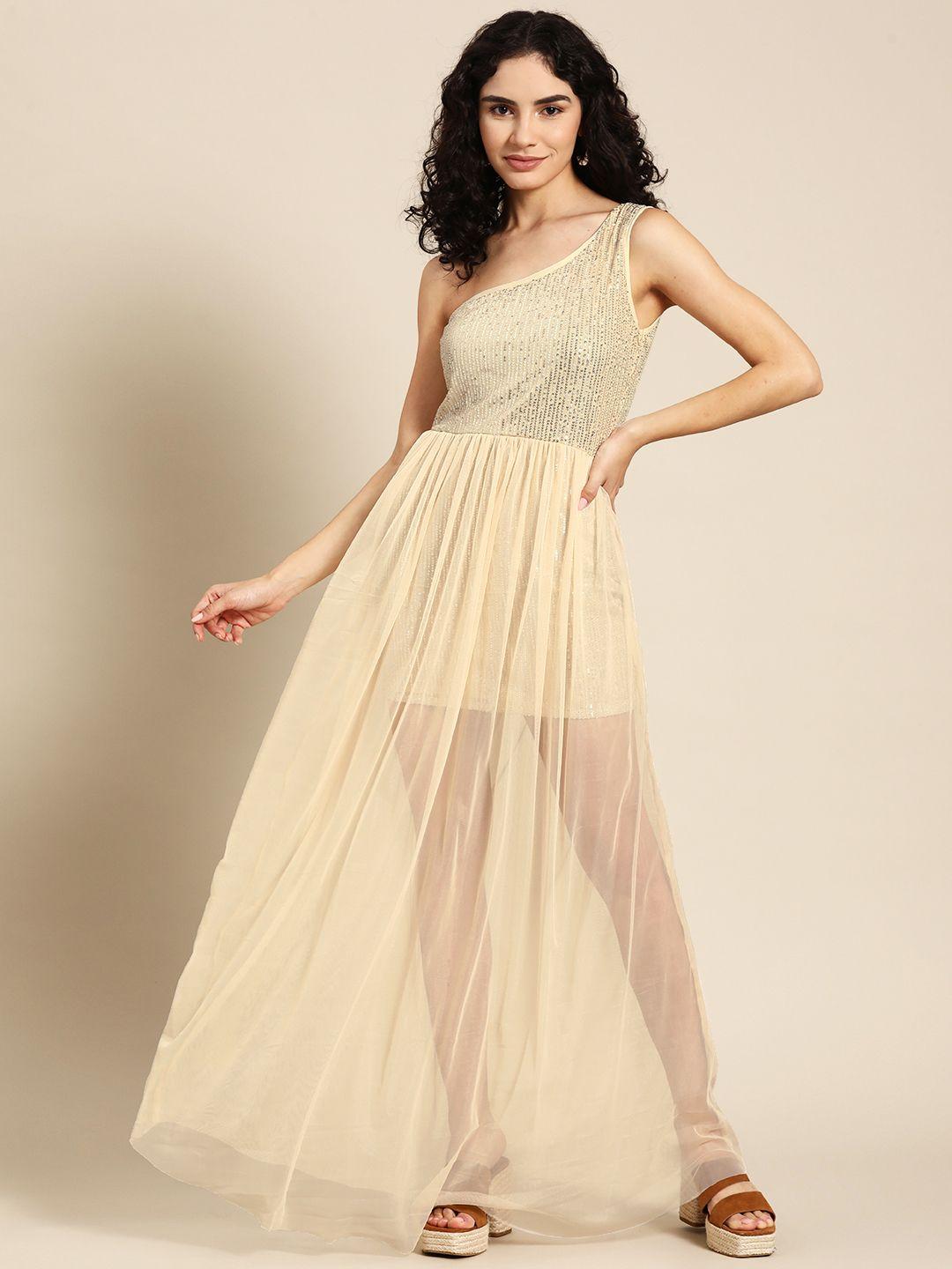 dodo & moa cream-coloured embellished one shoulder maxi dress