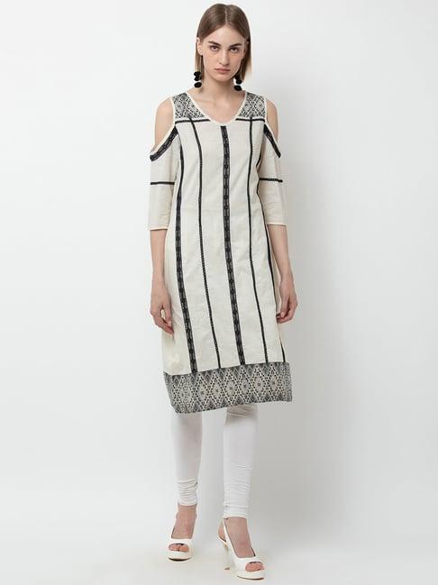 dodo & moa cream cotton striped straight kurta