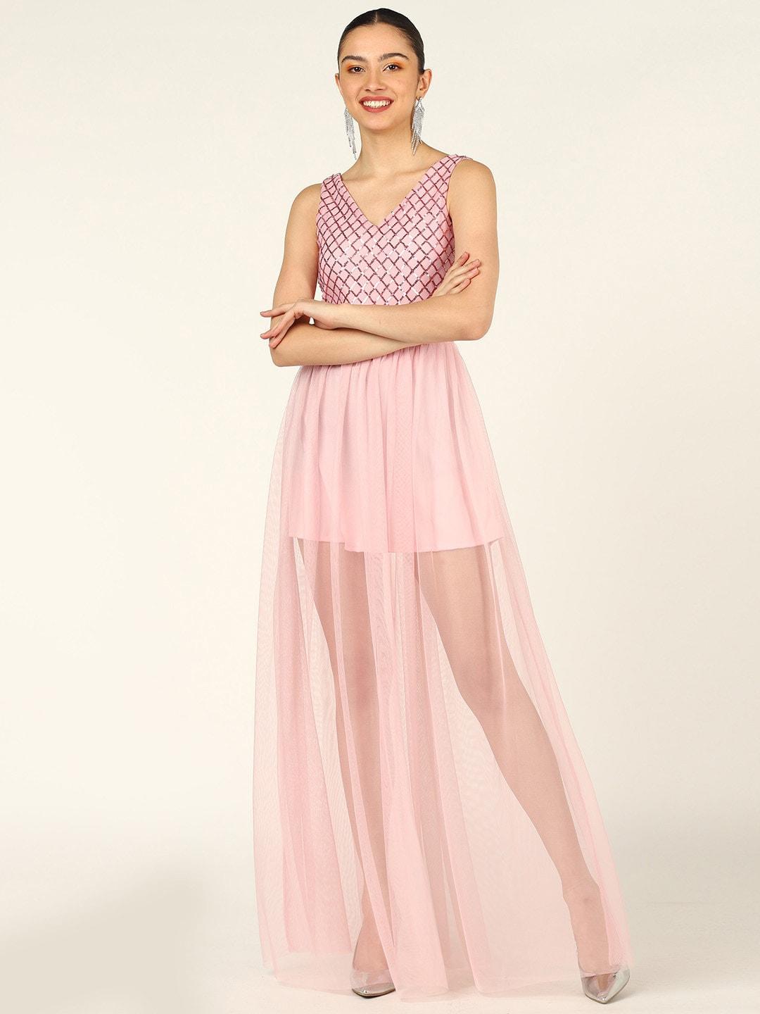 dodo & moa embellished sequined sheer fit & flare maxi dress