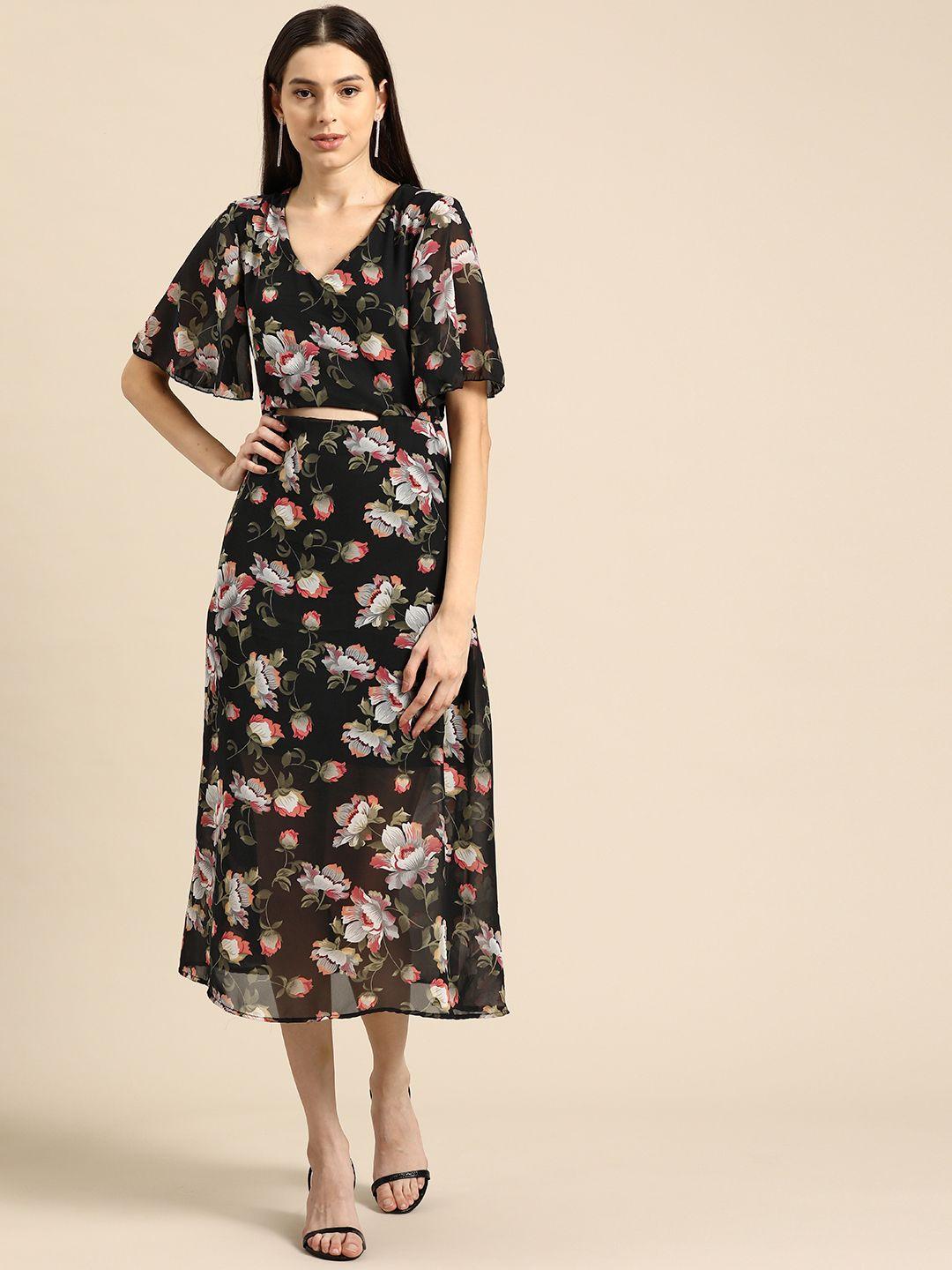 dodo & moa floral print flared sleeve georgette fit & flare midi dress